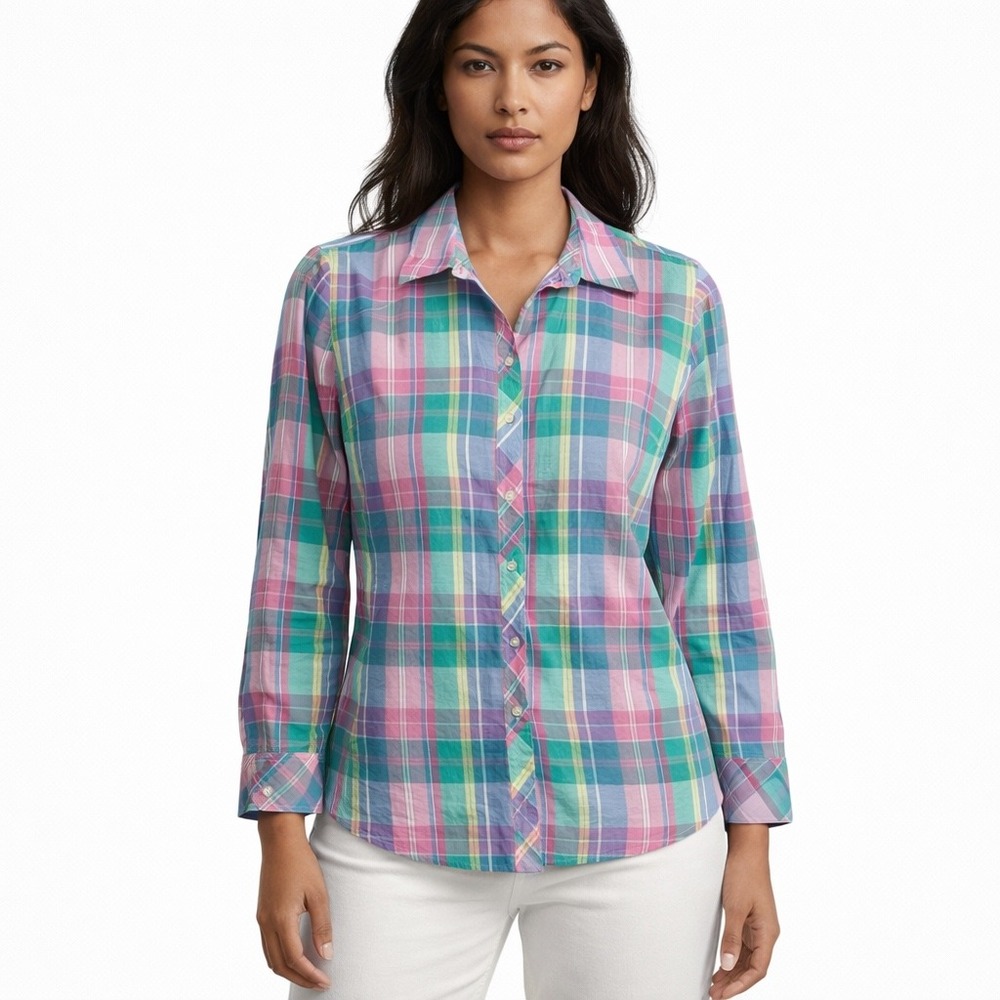 Talbots Plaid Button‎ Down Shirt Womens L Pink Blue Green Preppy Coastal Resort